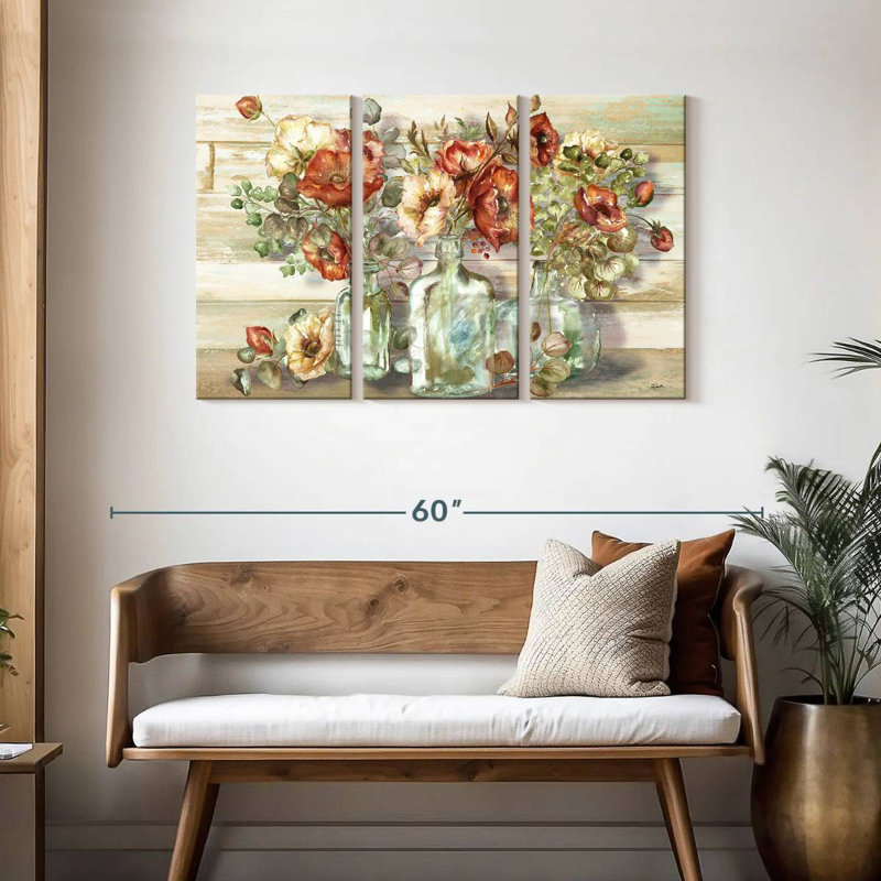 Harnek, coquelicots et eucalyptus en bouteille, H 28 po x l 45 po