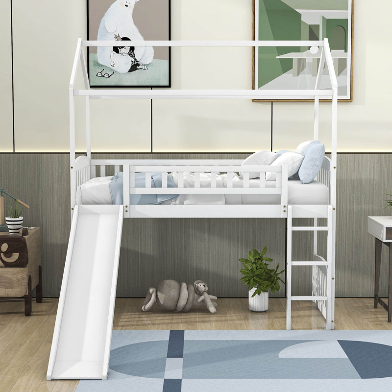 Lit mezzanine simple en bois avec glissade, Rose