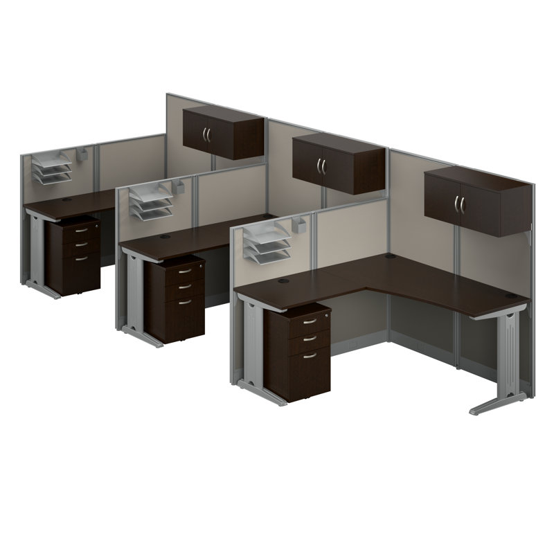 Office In An Hour L-Shaped 3 Person Cubicle with Cable Management, Mocha Cherry