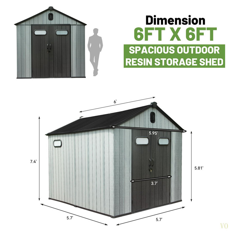 6X6 FT Outdoor Resin Storage Shed, Waterproof Plastic Garden Shed With Lockable Door, Windows & Vents, Outside Storage Tool Shed For Patio Furniture, Lawn Mower, Bike
