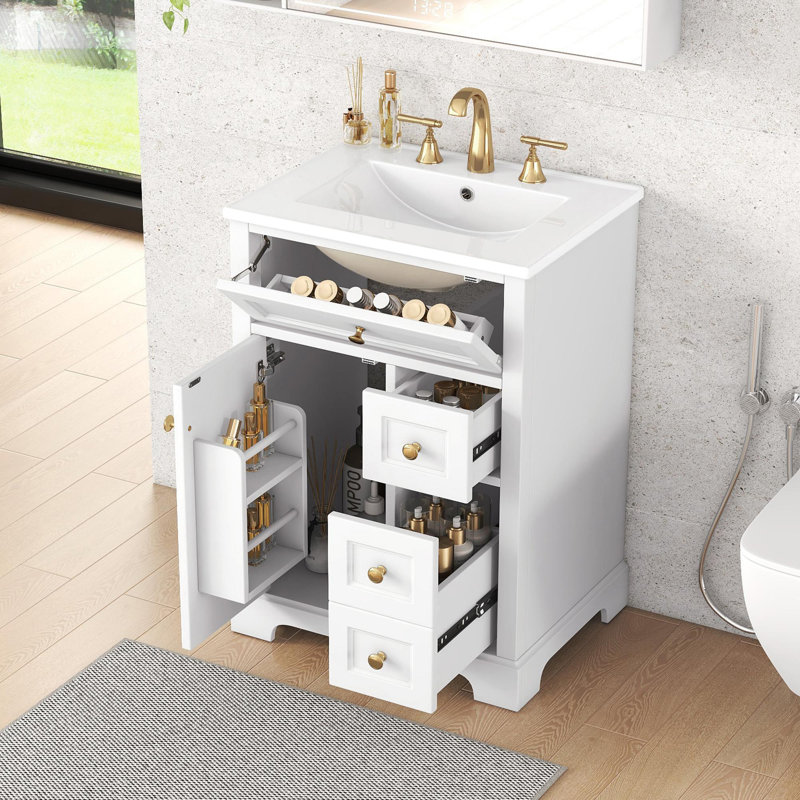 Meuble-lavabo de salle de bain avec support de rangement à 2 niveaux, Blanc