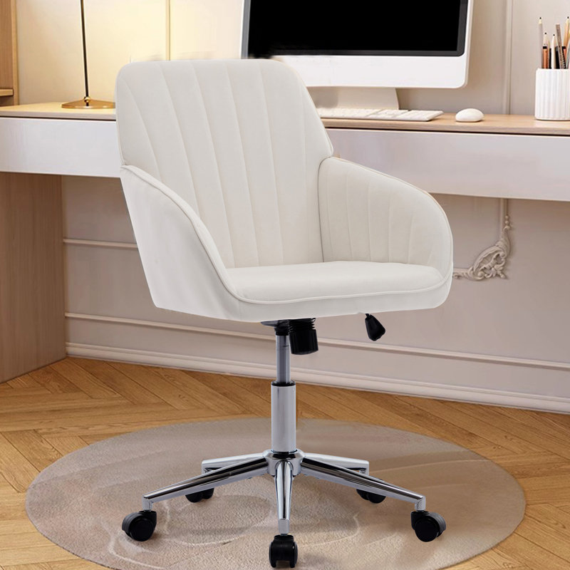Chaise de bureau ergonomique en velours beige - Piètement pivotant confortable pour de longues heures d'étude, assise relaxante en métal robuste