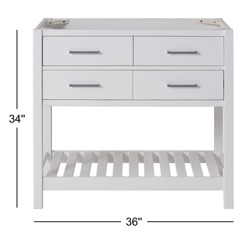 Harrison 36 in. W Vanity Cabinet Only, Solid Pine Wood, Nickel Hardware, Includes 2 Soft Close Drawers, Adjustable Height, Classic Timeless Design, Ideal for Bathroom Storage, White