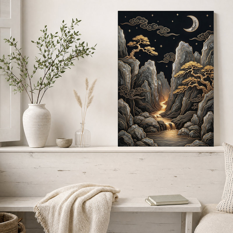 «Black Mountain Landscape with Gold Outline», art mural sur toile, H 30 po x l 20 po