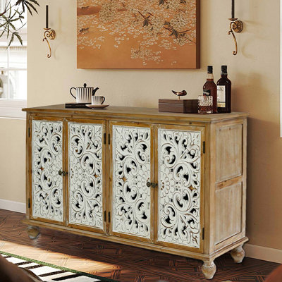 Commode d'appoint avec 4 portes - Buffet pour le salon. Armoire de rangement vieillie, fabriquée à la main et accrocheuse. Design vieilli, vestibule