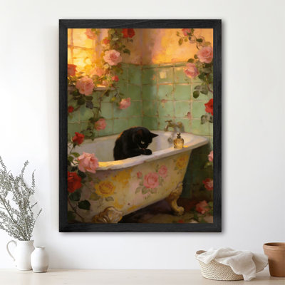 Black Framed Vintage Black cat in a floral-decorated bathtub Wall Art Retro Fantasy Style Framed Prints