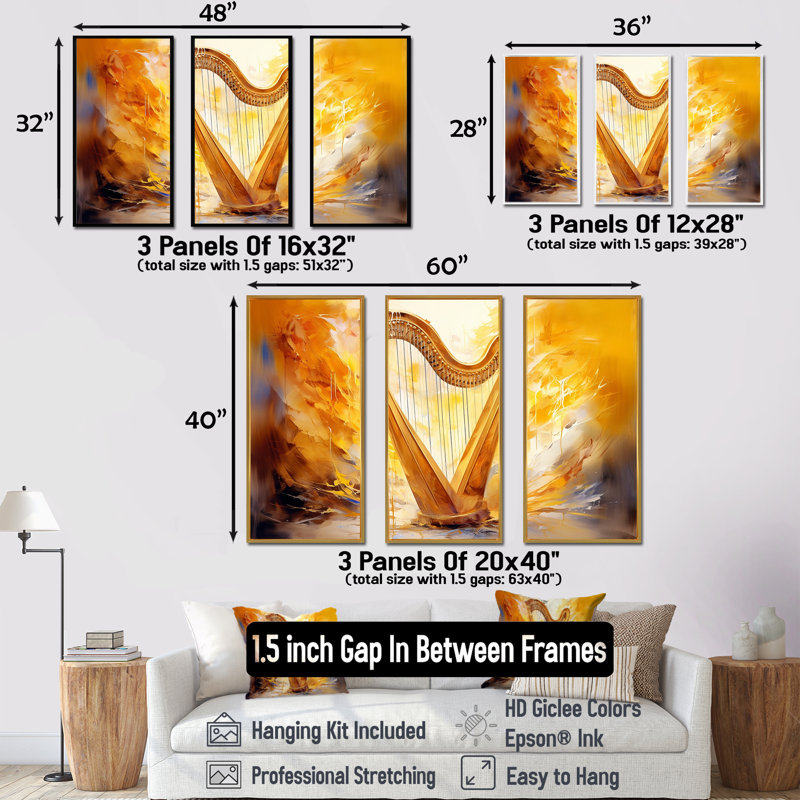 Majestic Golden Yellow Harmonic Harp V - ensemble d'art mural musical, Cadre flottant noir, H 28 po x l 36 po x P 1 po