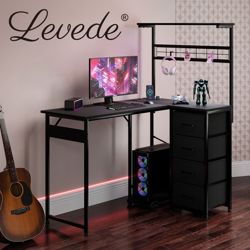 L-Shaped Metal Base Computer Desk with Power Outlet