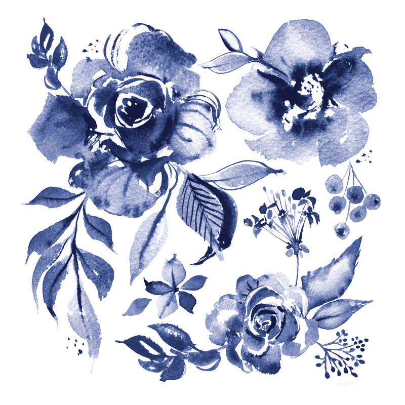 Aquarelle de fleurs bleues, sur fond blanc, indigo, baies, H 16 po x l 24 po x P 1,5 po