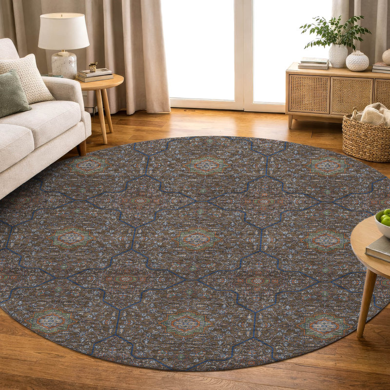 Premium Machine Washable Mayfield AMF2409 Oriental Rug, Chocolate, 8' Round