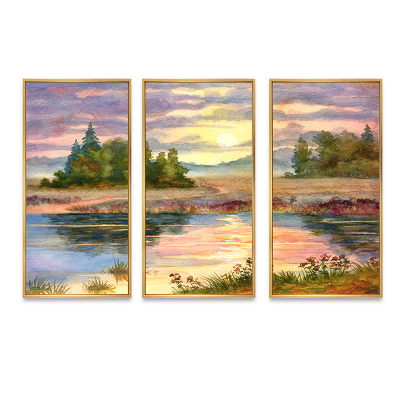 Coucher de soleil sur le lac I - ensemble d'art mural sur toile traditionnel encadré de 3, H 28 po x l 36 po, Or