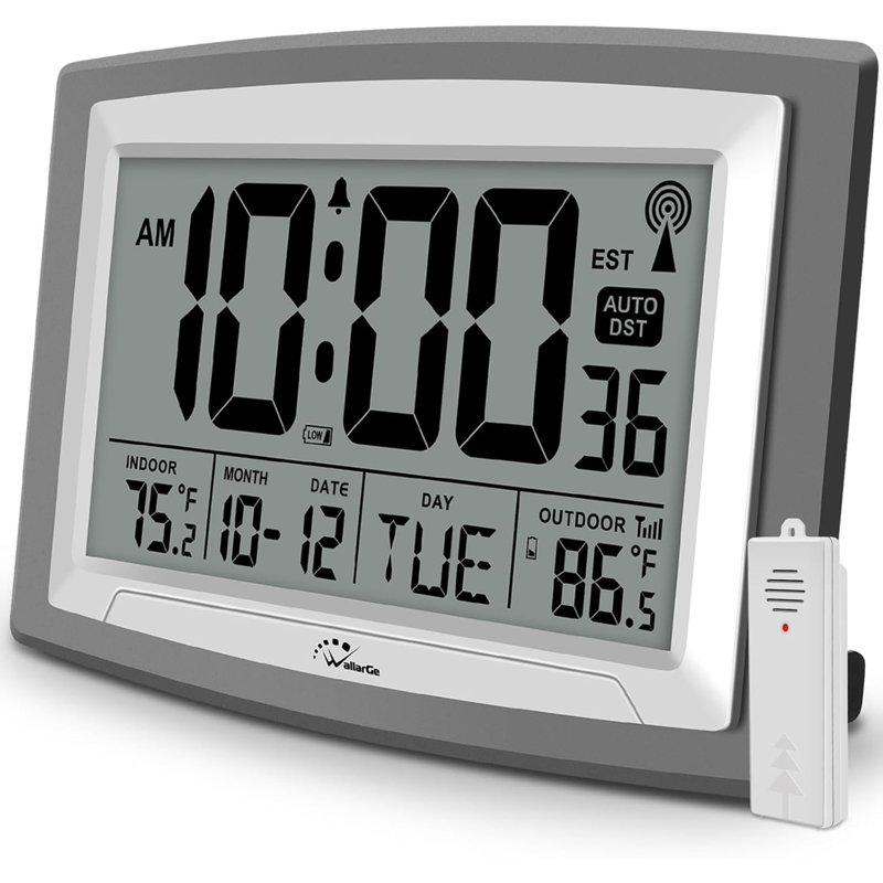 Atomic Clock With Outdoor And Indoor Temperature - 12.5 Inch Self-Setting Digital Clock Large Display, Battery Operated Wall Clocks Or Desk Clocks For Bedroom, Livingroom, Office