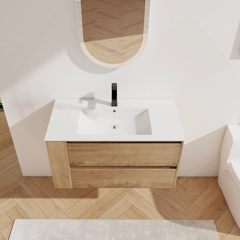 Meuble-lavabo mural 36 po avec lavabo en céramique, Imitation chêne