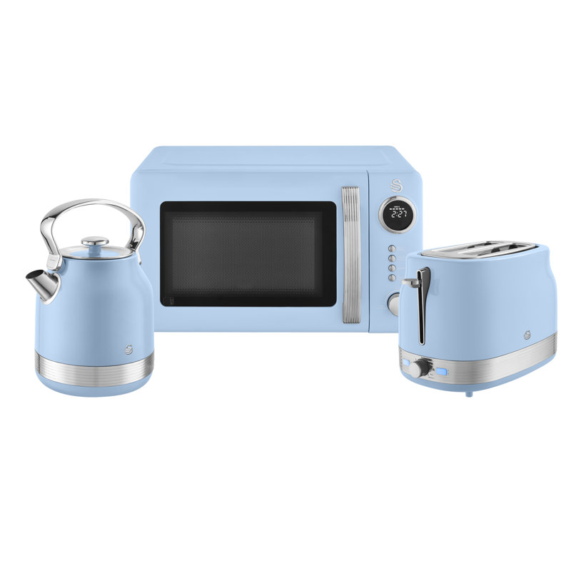Swan Retro Kitchen Set, 1.7L Rapid Boil Traditional Kettle, 2 Slice Toaster and 20L Microwave, Blue