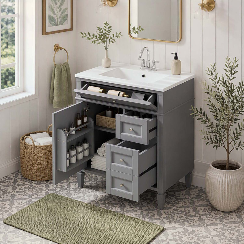 Meuble-lavabo moderne de 76 cm (30 po) avec lavabo supérieur, grand espace de rangement et design élégant pour une utilisation efficace de l'espace.