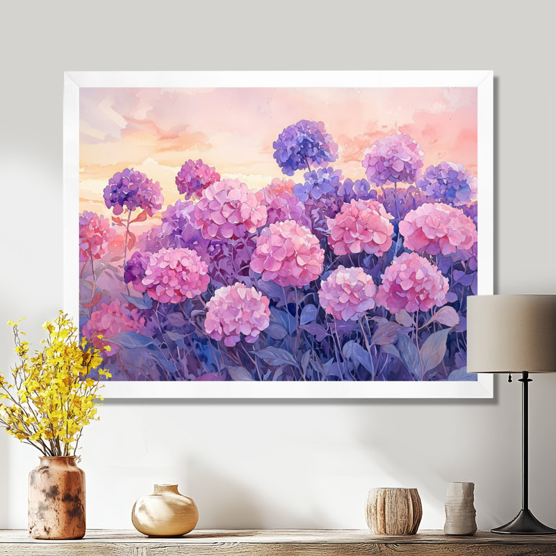 Illijah Hydrangea Field At Dusk II - Hydrangea Wall Art, Reproduction encadrée d'une seule photo, H 34 po x l 44 po, Blanc