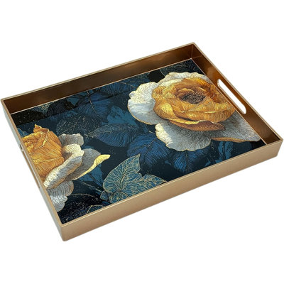 Exquisite Painted Golden Rose Night Serving Tray with Handles