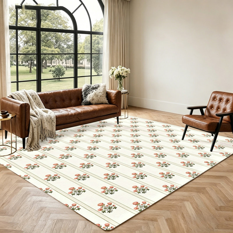 Floral Striped Area Rug, Vintage Botanical Print Accent, Soft Non-Slip Machine Washable Floor Mat for Living Room, Bedroom, Home Decor