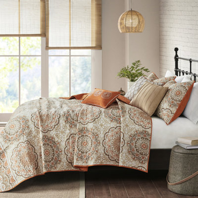 Courtepointe réversible 6 pièces - orange, motif à médaillon floral, coussins brodés, imprimé moderne très grand / très grand avec médaillons orange, tissu doux, 3 taies décoratives