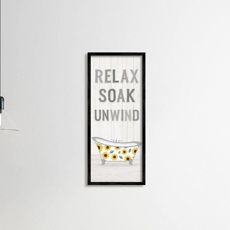 «Relax Soak Unwind Bathroom» par Natalie Carpentieri, Giclée encadrée noir minuit, H 30 po x l 13 po