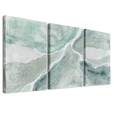 Abstract Mint Green and Grey Water Texture Set Of 3 Canvas Wall Art