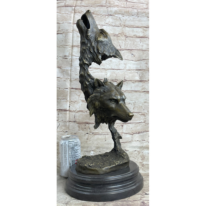 Grand buste de tête de loup aux deux loups, sculpture classique en bronze, sculpture en bronze