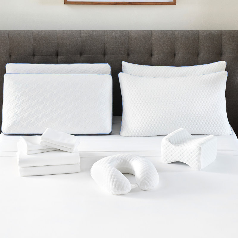12 lits, grand lit. Mousse à mémoire de forme, oreillers en mousse déchiquetée, oreiller Contour Knee, draps en coton avec traversin 300Tc. Rehaussez le gousset moulé avec une nuit de sommeil