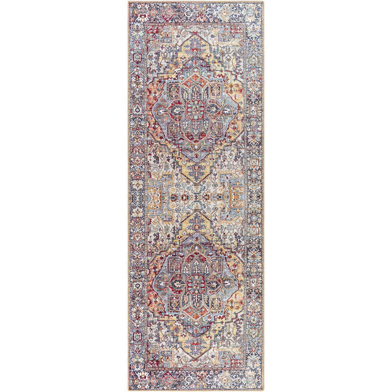 Tapis oriental bleu / rouge / beige Albion, Tapis de couloir 2 pi 6 po x 7 pi 6 po