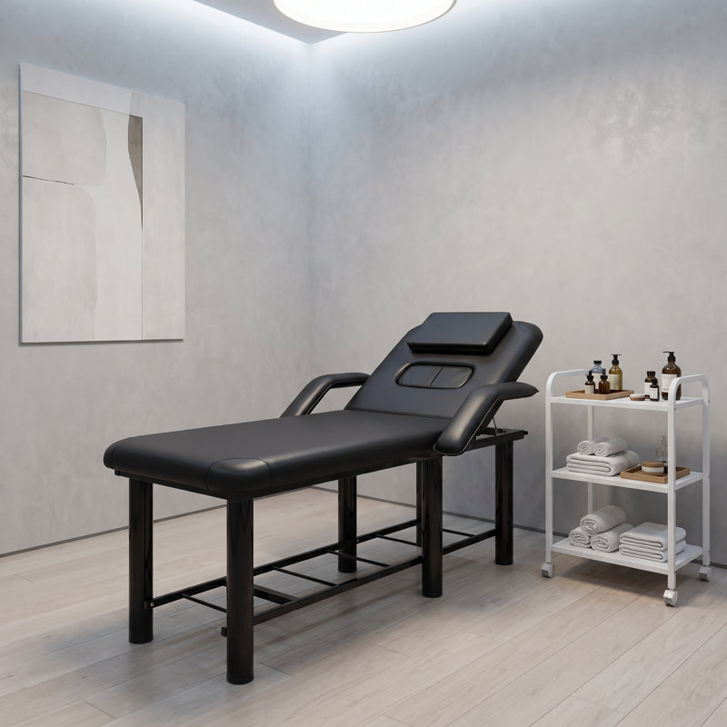 Lit noir avec appui-tête et coussins de sein amovibles, accoudoirs et tablette de rangement pour massage, soin du visage, tatoo et spa