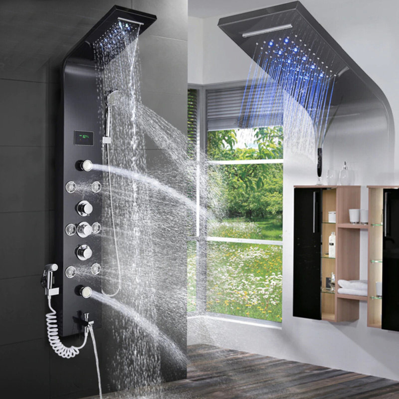 LED Shower Panel Column Tower Stainless Steel Body Jet Shower Mixer System Black