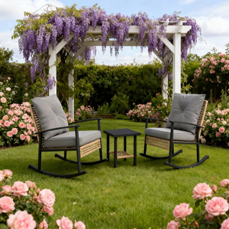 Button Tufted Cushions With Patio Furniture Set, Rattan Rocking Chairs, Coffee Table