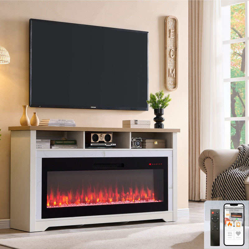 Innoflame 60"TV Stand for 70" TVs, Entertainment Center w/50 Inch Fireplace, WiFi Enabled, APP/Voice Control, Simulated Marble Surrounded, Open Shelves Storage, TV Console with Fireplace, White