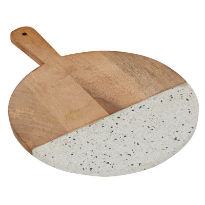 Brown mango wood cutting board with terrazzo details