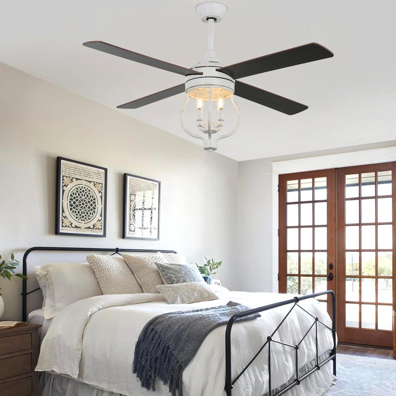 Kahliel 48" Caged Ceiling Fan with Light and Remote, Reversible DC Motor Farmhouse Solid Wood Ceiling Fan, Black, White