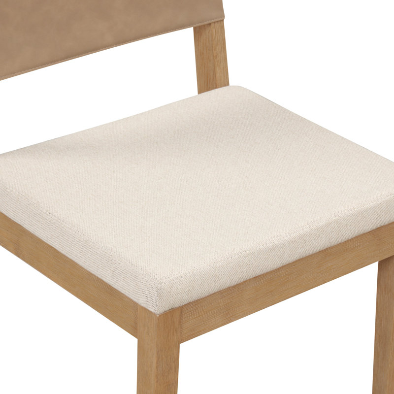 Chaise rembourrée en bois massif brun clair, Brun, Beige / Ivoire, 1