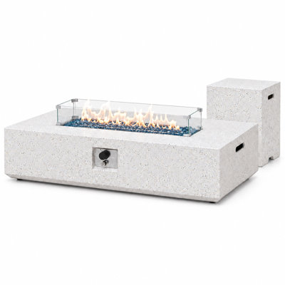 56 Inch Propane Fire Pit Table with Tank Cover, Terrazzo Fire Pit Table Set with Glass Wind Guard, Stainless Steel Burner and Fire Glass, Rectangular Patio Firepit Table