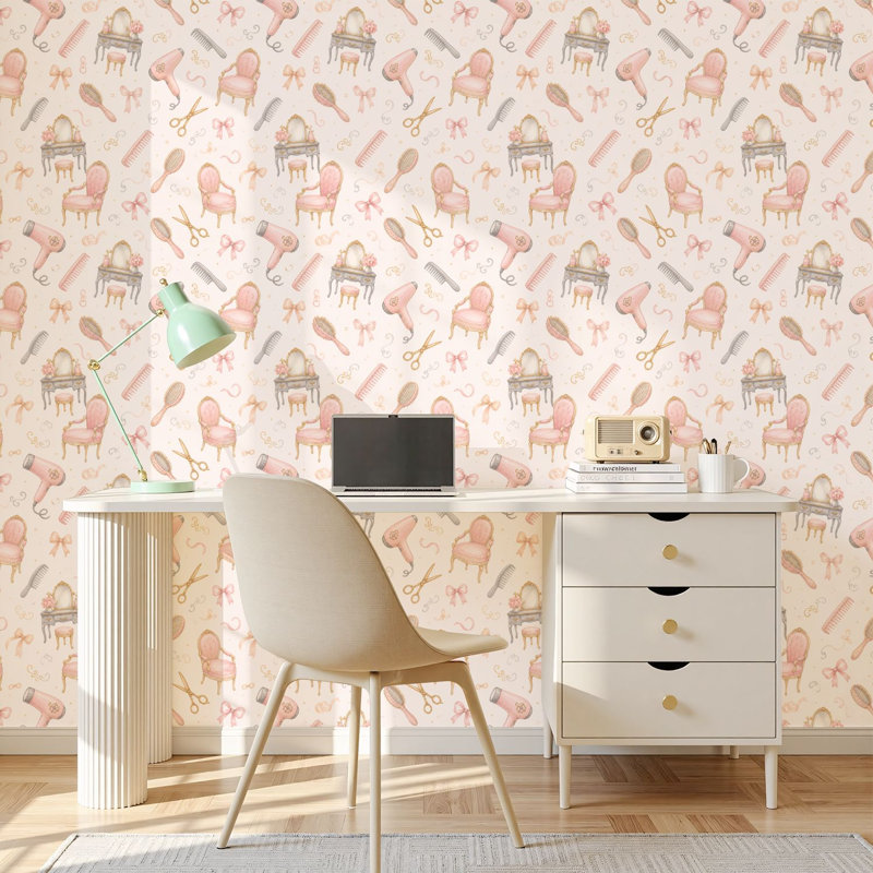 Papier peint autocollant vintage à motif d'outils de salon de coiffure, rose tendre et or aquarelle, amovible, imperméable, rouleau de papier peint décoratif pour salon de coiffure et institut de beauté, 44,5 cm x 300 cm