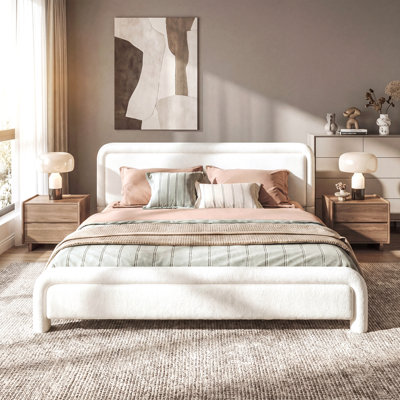 King Size Upholstered Platform Bed Frame with Curved Headboard, Modern Boucle Fabric Bed with Wood Slats Support, No Box Spring Needed, Easy Assembly, White