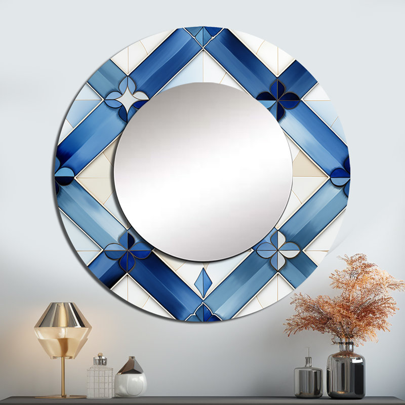 «Rosellie Blue and White Tiles Diamonds», miroir décoratif géométrique, miroir mural rond moderne, impression d'art en métal