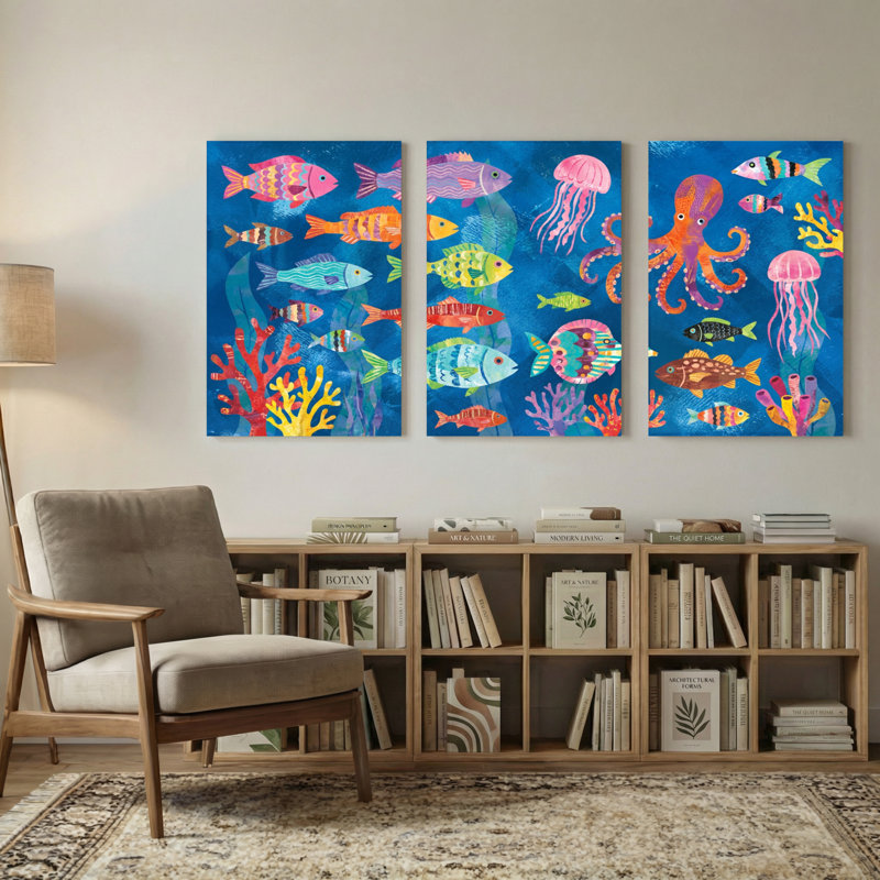 Animaux, coloré, poisson, corail, méduse, pieuvre, ensemble de 3 impressions sur toile, H 18 po x l 36 po