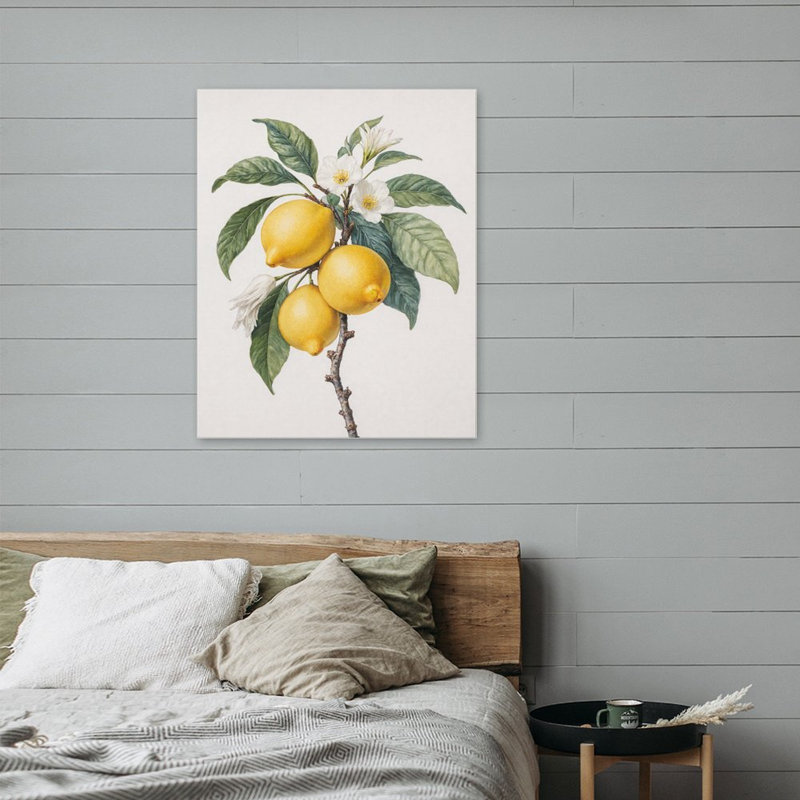 Lemon Branch With Blossoms, Built-In Wooden Frame Wall Art, 20L X 16W