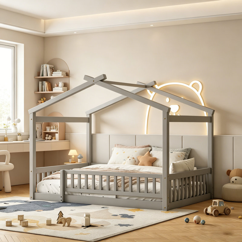 Structure de lit double en bois pleine grandeur avec clôture, parfaite pour les enfants et les adolescents, finition grise, conception compacte et élégante