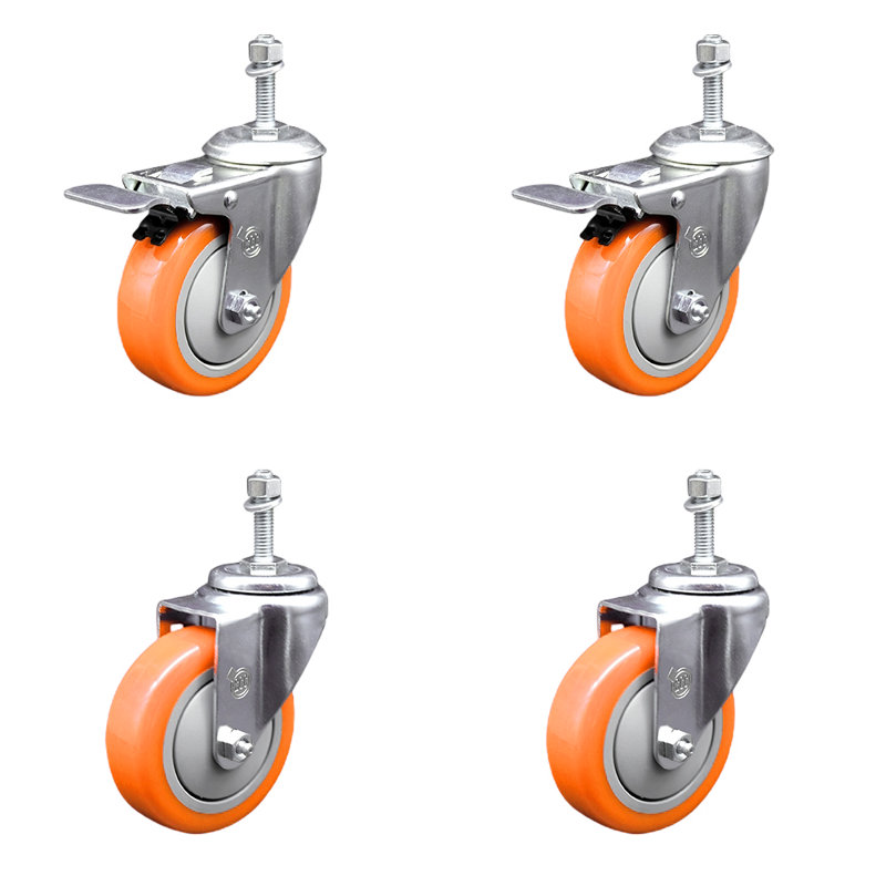 Ensemble de 4 roulettes à tige filetée en polyuréthane orange de 4 pouces et 10 mm
