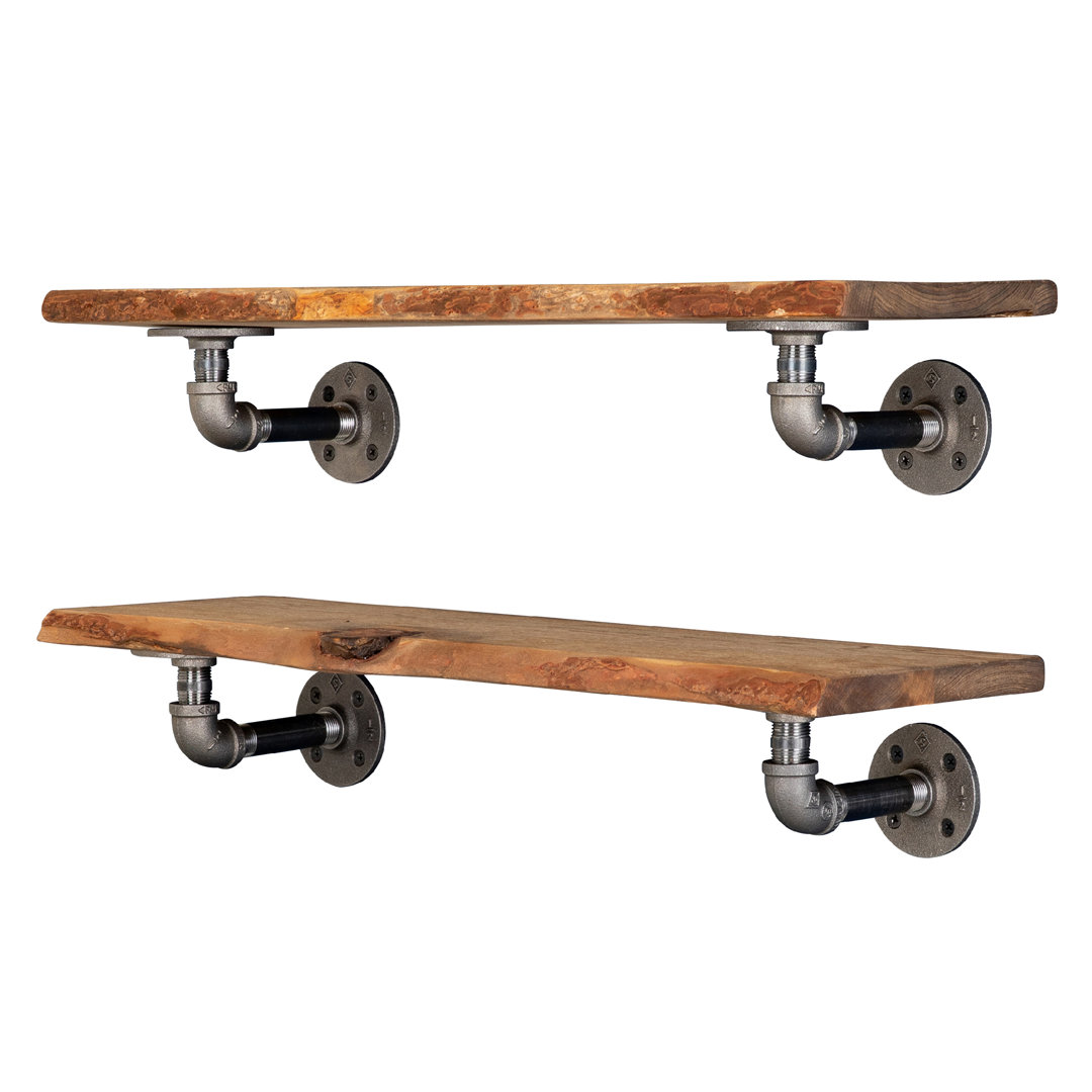 Live Edge Wood Shelf With Industrial L-Shaped Pipe Brackets (Set of 2) Williston Forge 