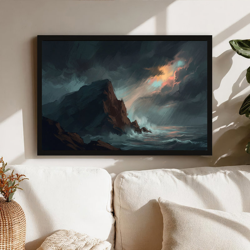 Dark Rocky Cliffs And Ocean Waves Under Colorful Storm Sky Canvas Wall Art, 24"H x 36"W