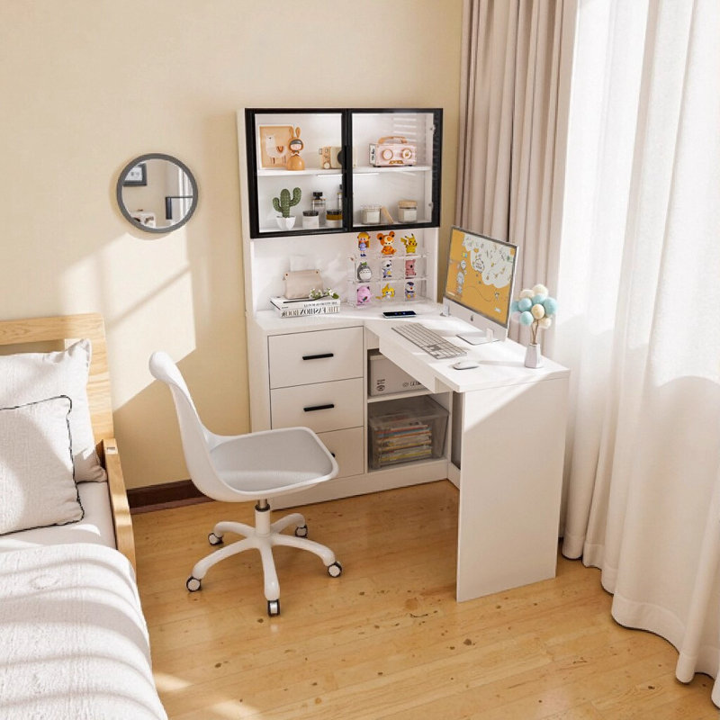Bureau d'ordinateur d'angle en L avec armoires en verre à DEL, ports de chargement USB et plateau à clavier - poste de travail moderne et ergonomique pour les espaces personnels et corporatifs (blanc)