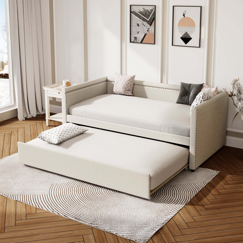 Lit de jour rembourré avec couchette, Beige, Lit simple