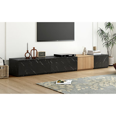 Meuble audio-vidéo moderne avec faux marbre et noyer, 4 tiroirs, pour téléviseurs de 88 po, meuble télé noir et espace de rangement contemporain