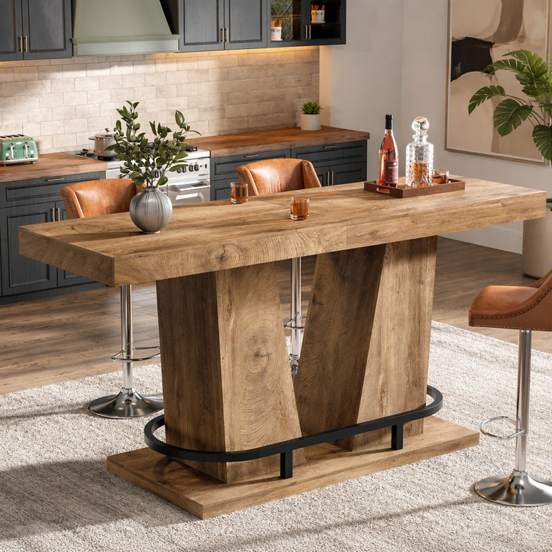 62.99" Bar Table for 4-6, Rectangle Counter Height Pub Table with Metal Footrest
