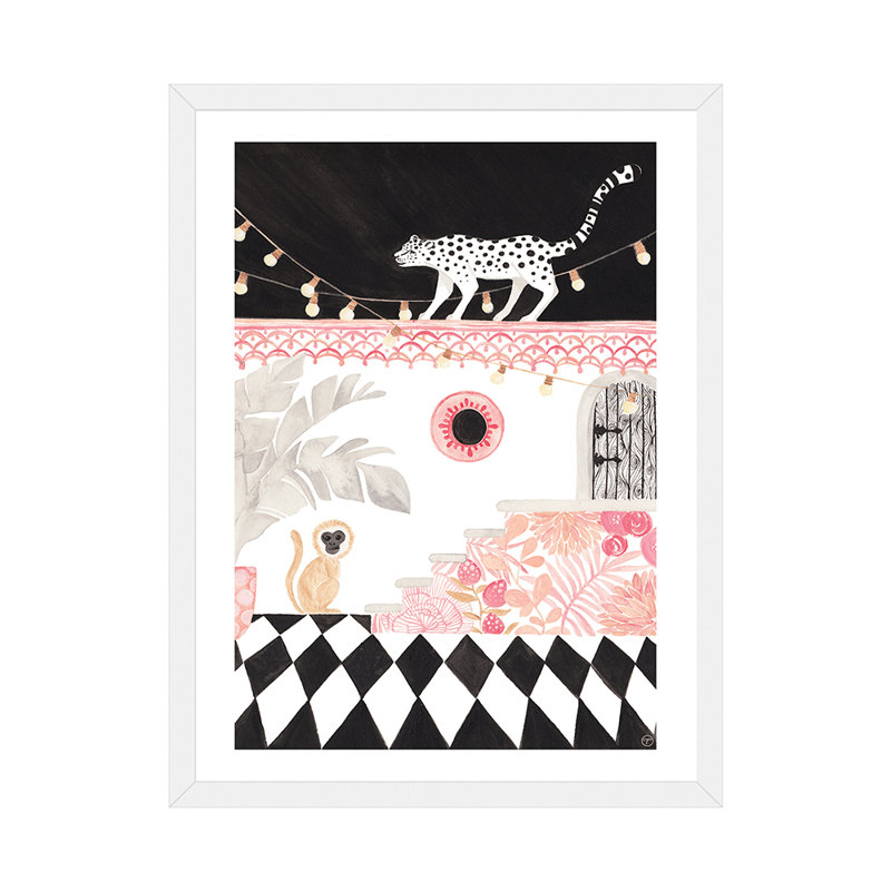 Art sur papier leopard et singe, H 32 po x l 24 po x P 1 po, Papier avec cadre blanc
